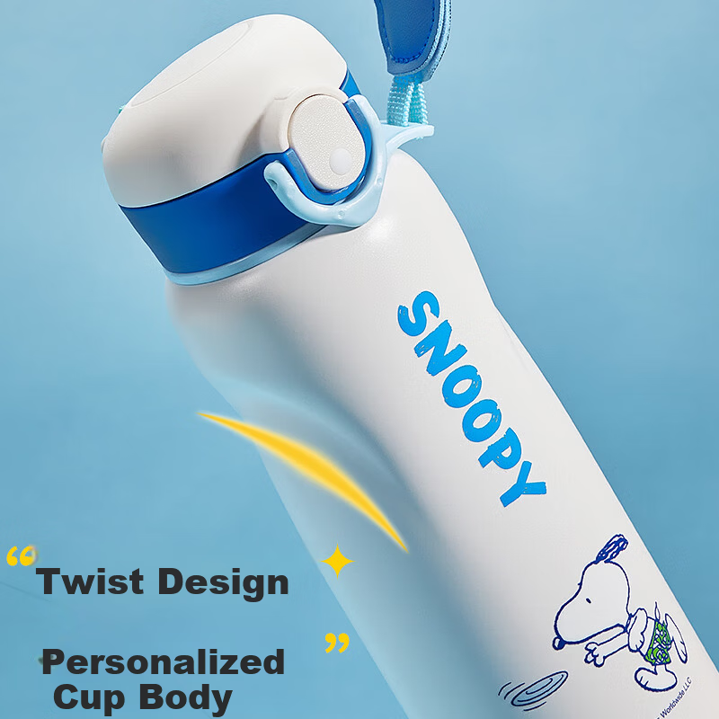 SNOOPY Children's Insulated Cup 316 Stainless Steel Boys and Girls Elementary School Students Portable Direct Drinking Bottle Water Cup with Lanyard 480ml Blue