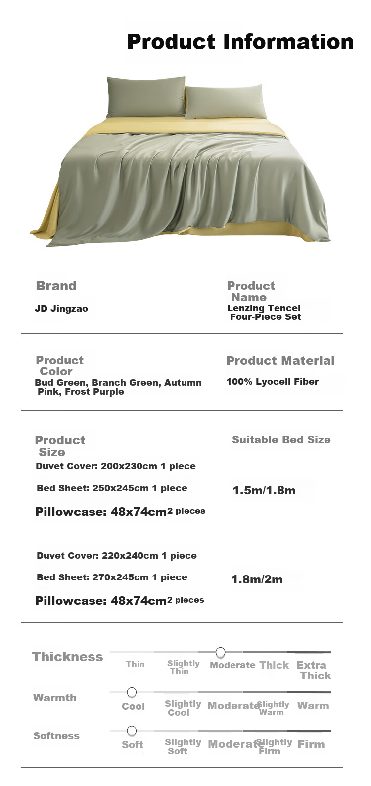 JD Original Imported Lanjing Tencel Four-Piece Bedding Set, 60-Count Lyocell Summer A-Class Bedding Ice Silk Set with Duvet Cover And Bedsheet, for 1.8-Meter Bed, Light Blue 14
