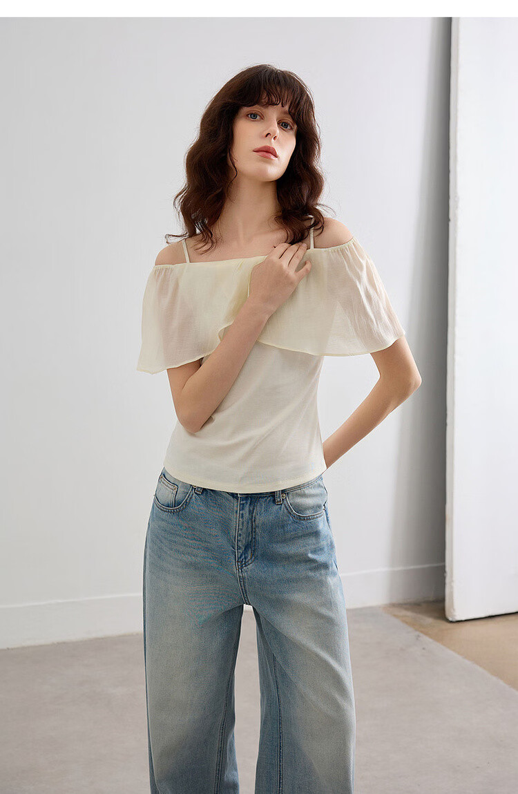 Demana [with Lyocell] Summer Sweet Style Patchwork Ruffle Spaghetti Strap Sleeveless Slim Fit Elegant Slimming Women's T-Shirt 14