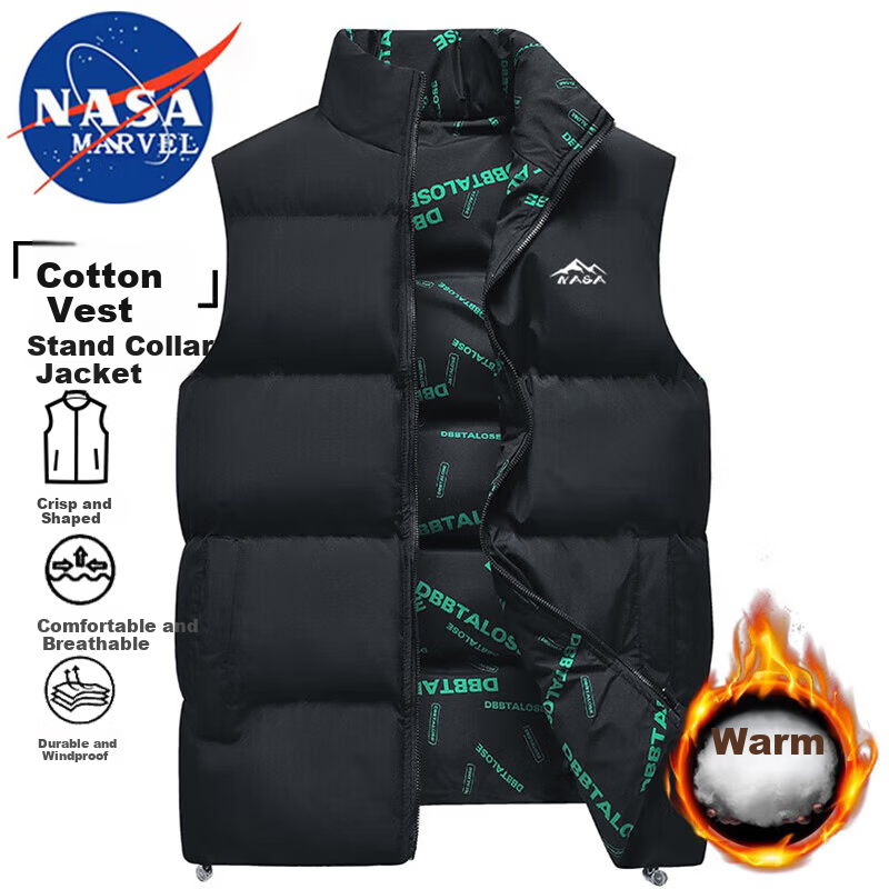 NASA MARVEL Cotton Vest Autumn Winter Men's Sleeveless Stand Collar Reversible Warm Couple Jacket Black 2XL