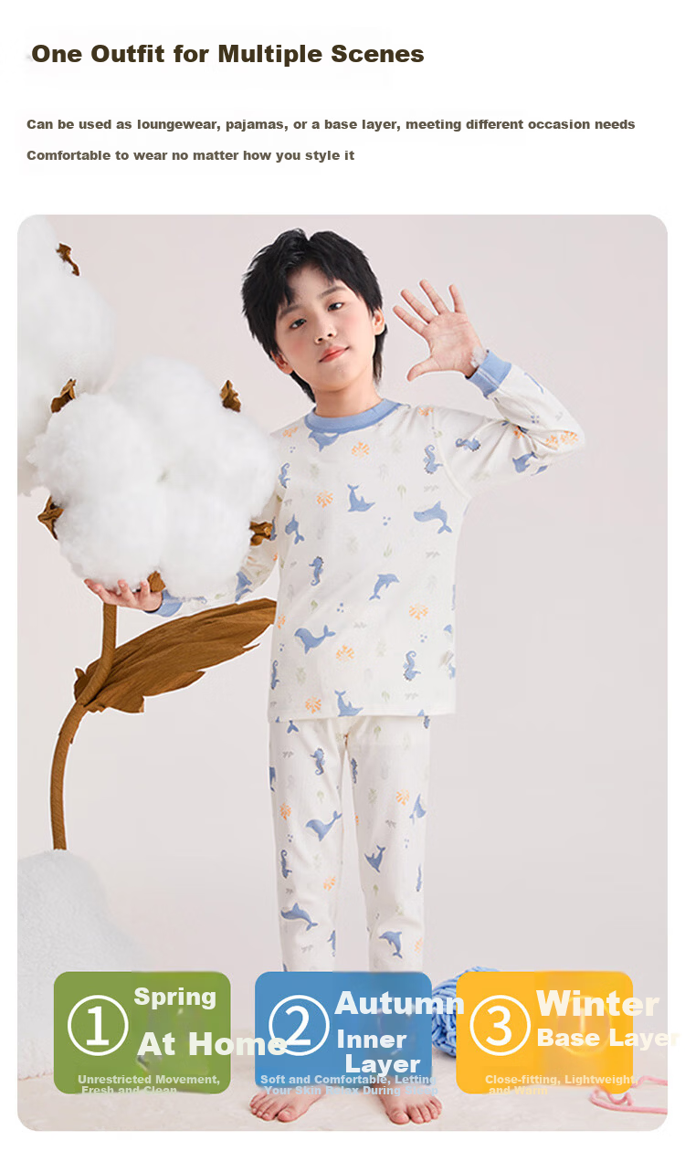 YUZHAOLIN Children's Thermal Underwear Autumn Winter New 100% Cotton Long Johns Set Gray House 100 5