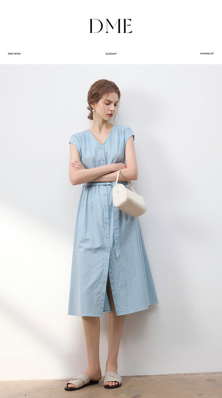 Demana [With Linen Cotton] Summer Commuter Style Lace Splice Cap Sleeve V-Neck Waist Cinched A-Line Mid-Length Dress for Women 1