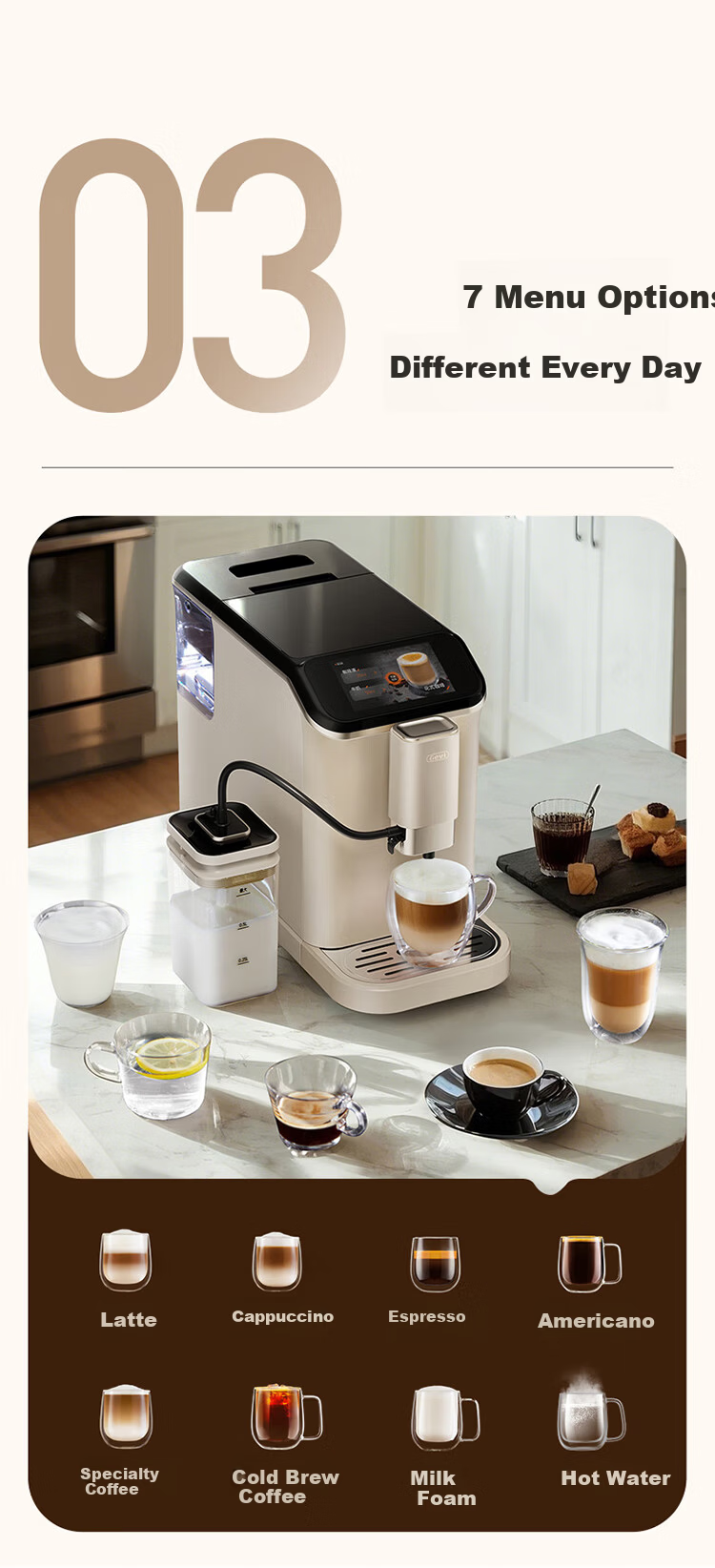Gevi Fully Automatic Coffee Machine Home Cold and Hot Dual Extraction Grinder Integrated Small Coffee American Automatic Milk Frother Dual Heating GV-K03A Milk Coffee White Gift Choice 14