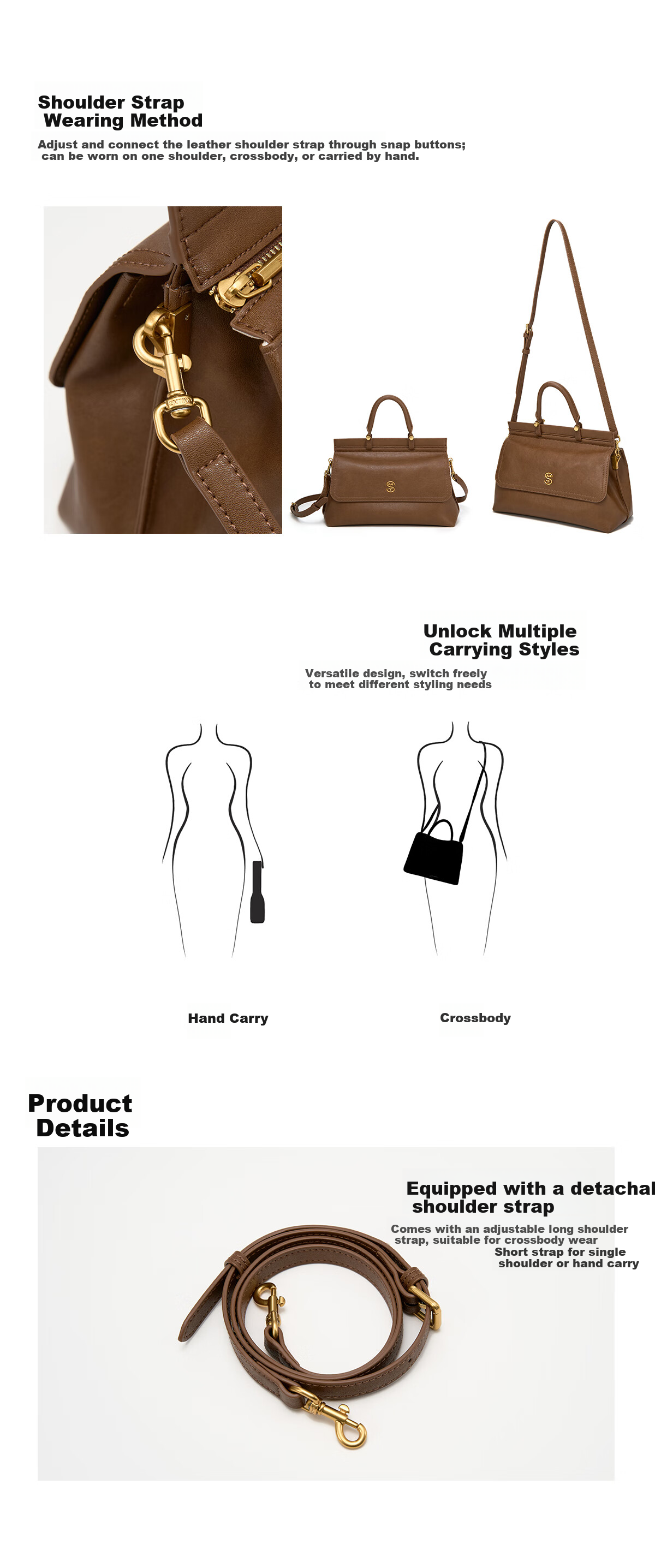 Ximuting Chasing Light Caramel Brown Cowhide Leather Women's Handbag New Simple Versatile【Christmas Gift】 7