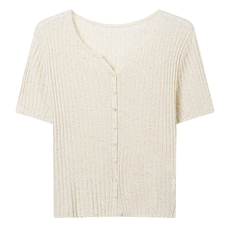 Yixiang Liying Solid Color Short Sleeve Linen Knit Top Women's New Soft Skin-Friendly Shoulder Fitting Inner Wear Milk Almond Beige S