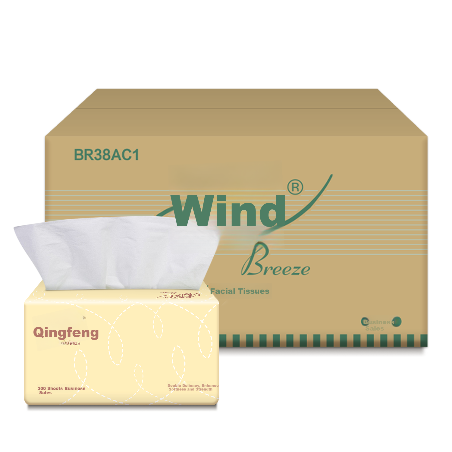 Qingfeng 2-Ply Facial Tissue 200 Sheets * 48 Packs Tri-Color Natural Wood Napkins Bulk Box