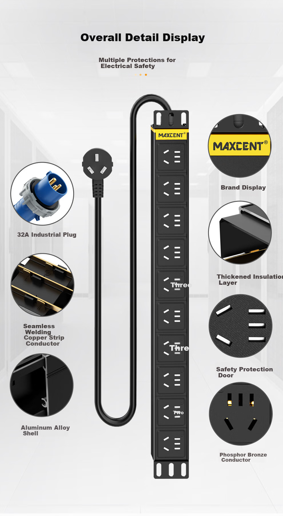 MAXCENT PDU Cabinet Socket 10-Port 32A Industrial Plug 10A Output New National Standard High-Power Industrial Power Strip MG3020N 3
