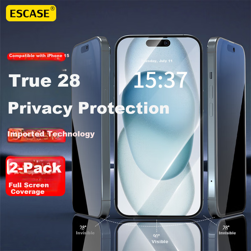 ESCASE [2-Pack] Apple iPhone 15 Tempered Glass Privacy Screen Protector Anti-Peeping Full Coverage HD Glass Anti-Scratch Film