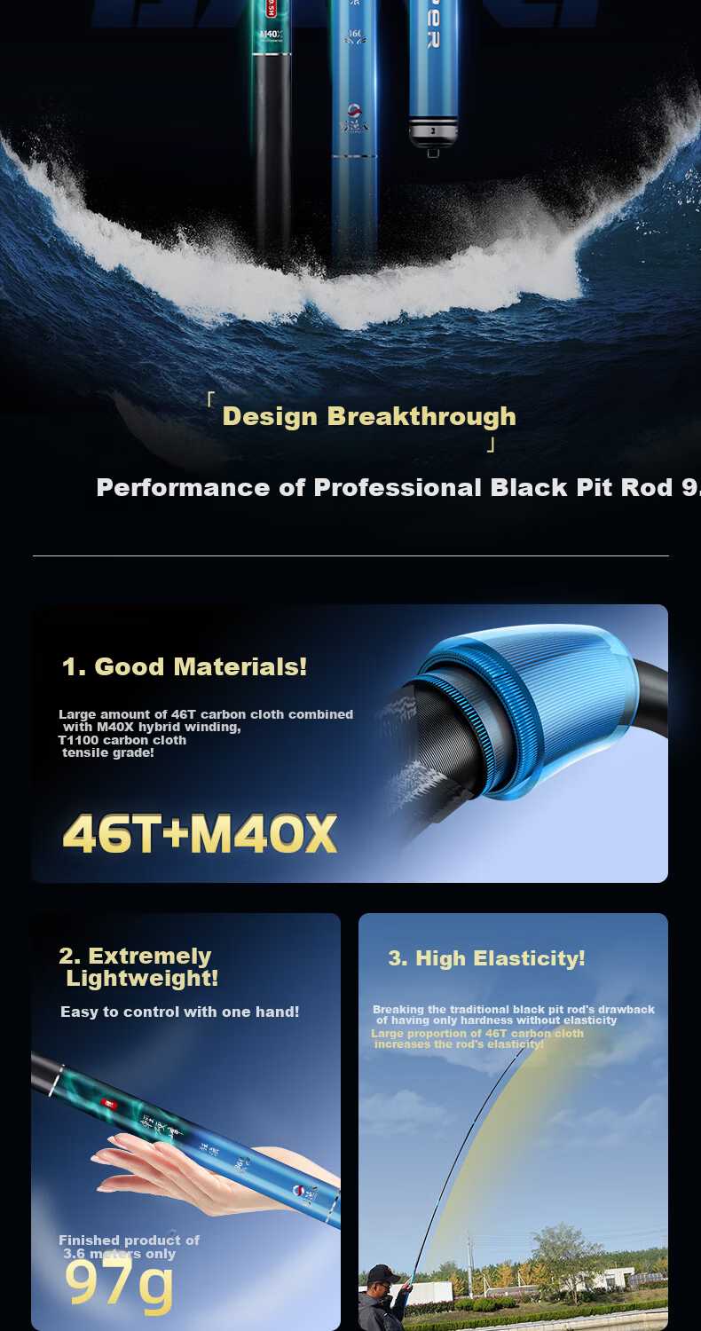 Skiofishes Kuanglang 9.5H Competitive Black Pit Special Rod Ultra-Light Ultra-Hard Fishing Rod Hand Rod Lightweight Black Pit Hand Rod Fishing Rod 3m 3