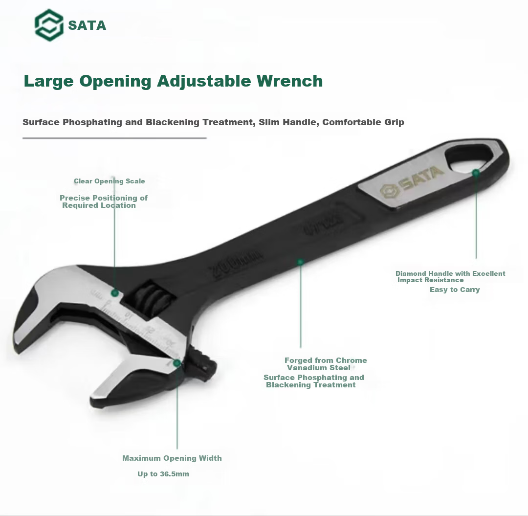 SATA Adjustable Wrench Industrial Grade Chrome Vanadium Steel Large Opening 6" 47122 4