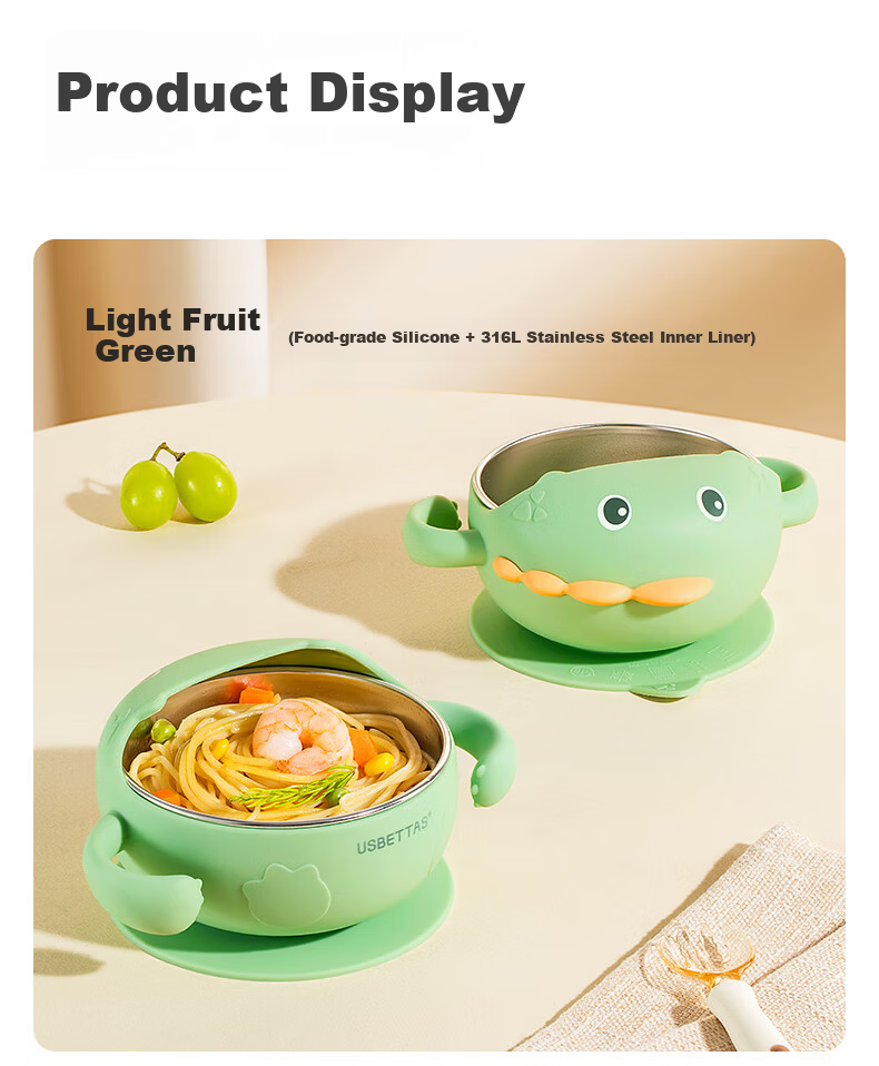 Betis Baby Feeding Bowl Infant Food Tool Children's Tableware Stainless Steel Silicone Suction Bowl Cheese White 28