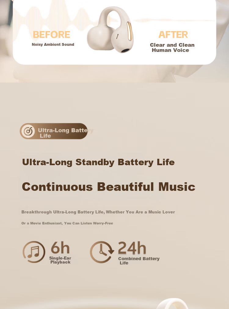 Chuangu 2026 Latest Model | Panoramic Sound Bluetooth Bone Conduction Clip-On Wireless In-Earless Sports Running Music Noise Cancelling Long Battery Life Earphones 7