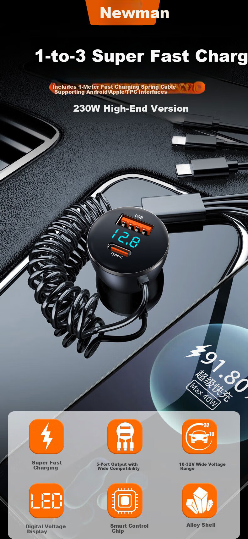 Newmine Super Fast Car Charger Bluetooth Cigarette Lighter Adapter with Retractable Cable Dual USB 2026 New Model Compatible with Apple 8-17 Series + Huawei Xiaomi 1