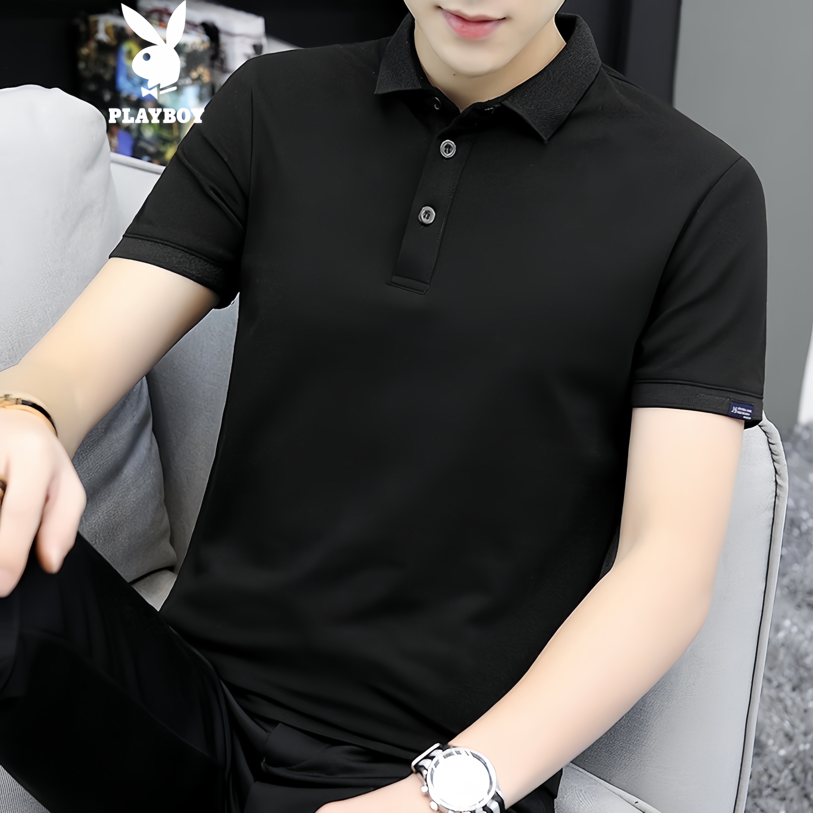 PLAYBOY Men's Summer Short Sleeve Polo Shirt Business Collar Solid Gray Simple Design