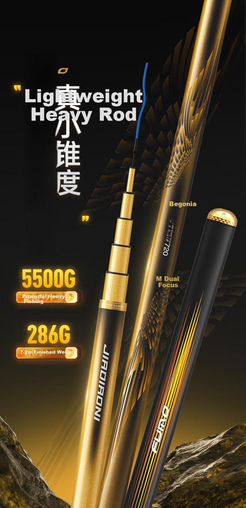 JIADIAONI Begonia Carbon Fiber Fishing Rod for Wild Fishing, Super Light and Super Hard Black Pit Big Fish Rod 5.4m 1