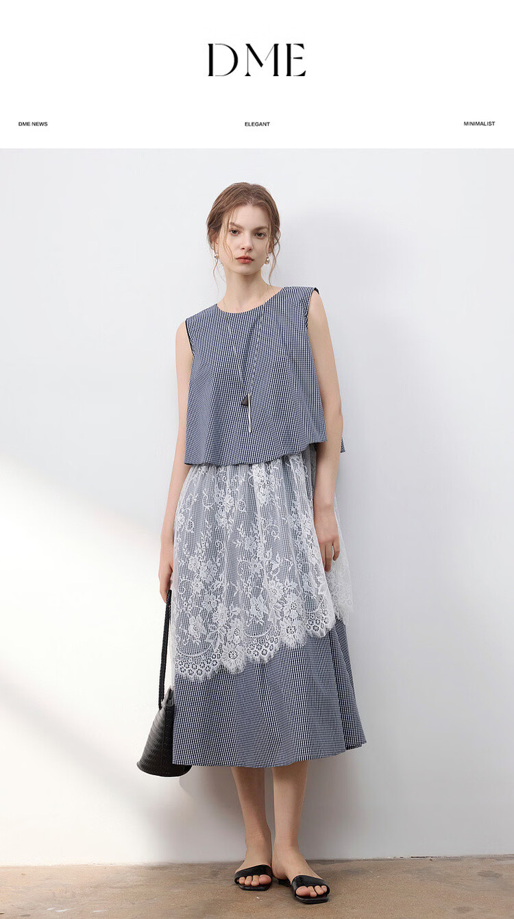 Demana [Cloud Oxygen Cotton Series] Summer Retro Plaid Lace Splice Sleeveless Flared Slim Fit Designer Women's Dress 1