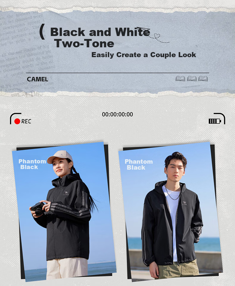 CAMEL Campus Windbreaker Retro Hooded Unisex Spring Autumn Lightweight Jacket C36BW0L4066 Phantom Black XL 3