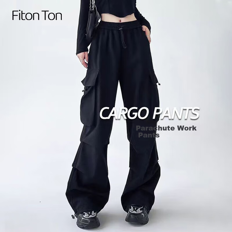 FitonTon Women's Spring Parachute Cargo Pants High Waist Wide Leg Slim Straight Drawstring Casual Sports Pants XL