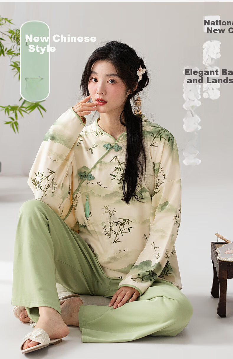 Borui Guofeng 100% Cotton Women's Autumn Winter Chinese Style Bamboo Forest Print Round Neck Pullover Pajamas Suitable for Outdoor Wear 1