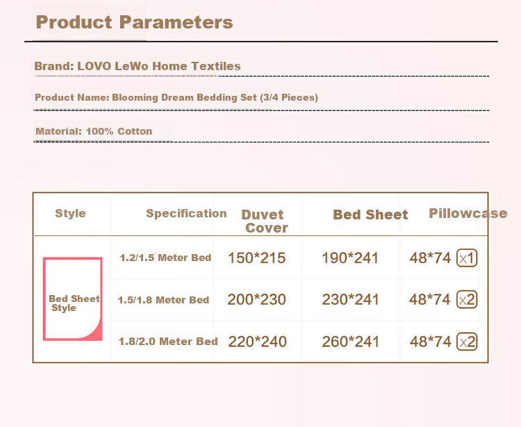 LOVO Luolai INS Style 100% Cotton Four-Piece Bedding Set, Pure Cotton Bed Sheet and Duvet Cover, Double Bed 200*230cm 10
