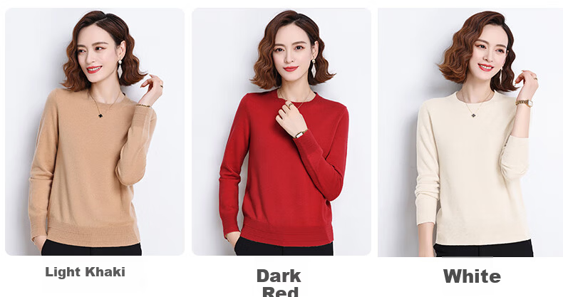 Hengyuanxiang 100% Pure Wool Women's Sweater Autumn Winter Crew Neck Casual Elegant Knit Warm Base Shirt Top 6
