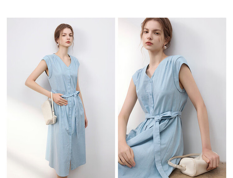 Demana [With Linen Cotton] Summer Commuter Style Lace Splice Cap Sleeve V-Neck Waist Cinched A-Line Mid-Length Dress for Women 10