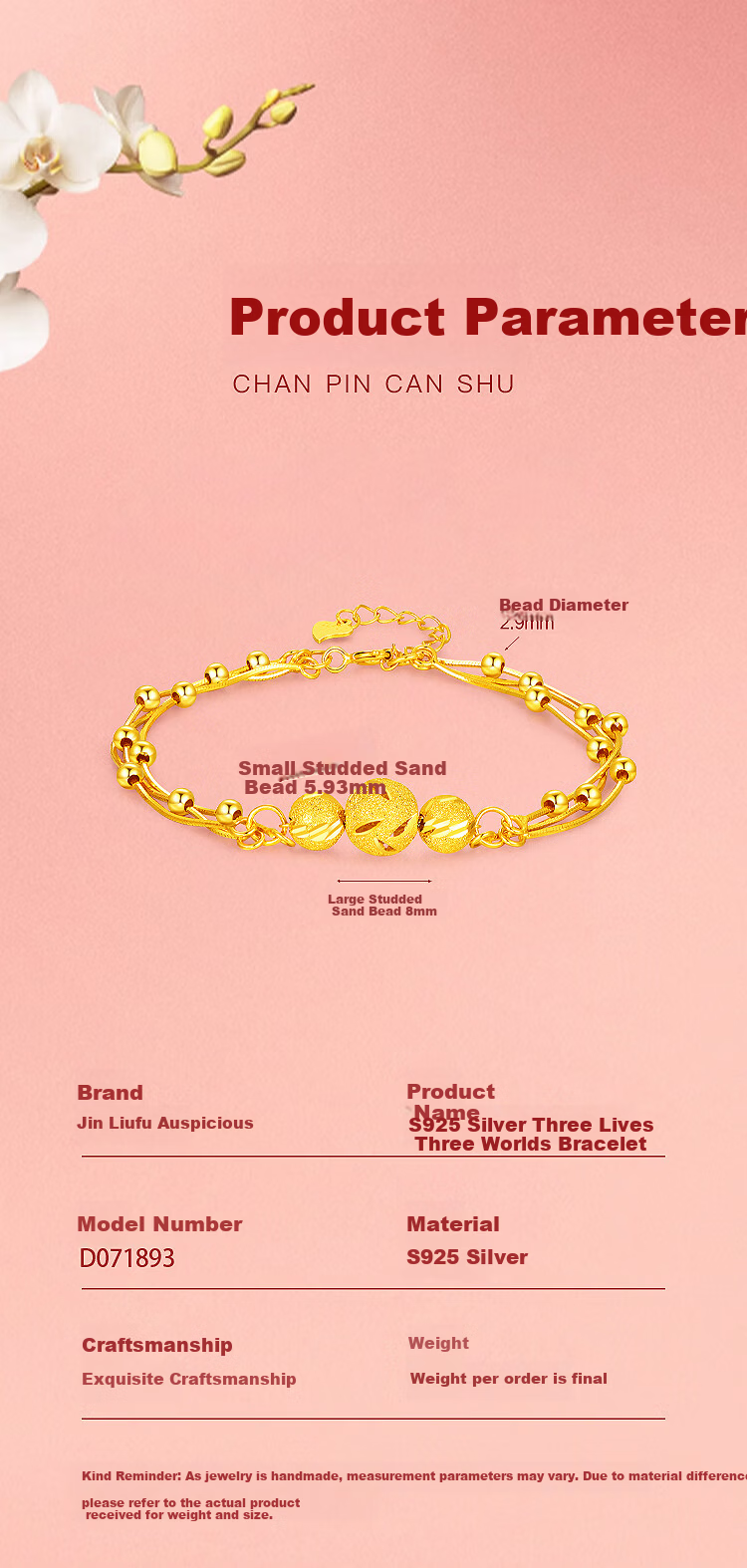 Jinliufu Jixiang Women's S925 Silver Bracelet, Three Lives Three Worlds Hand Jewelry, Filigree Bead, Pure Silver Ornament, Gift for Mom on Mother's Day 5