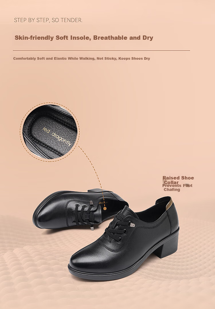 Red Dragonfly Women's Autumn Cowhide Breathable Soft Sole Leather Shoes Commuter Low-top Lace-up Mom Shoes WTB352101 Black Size 36 6