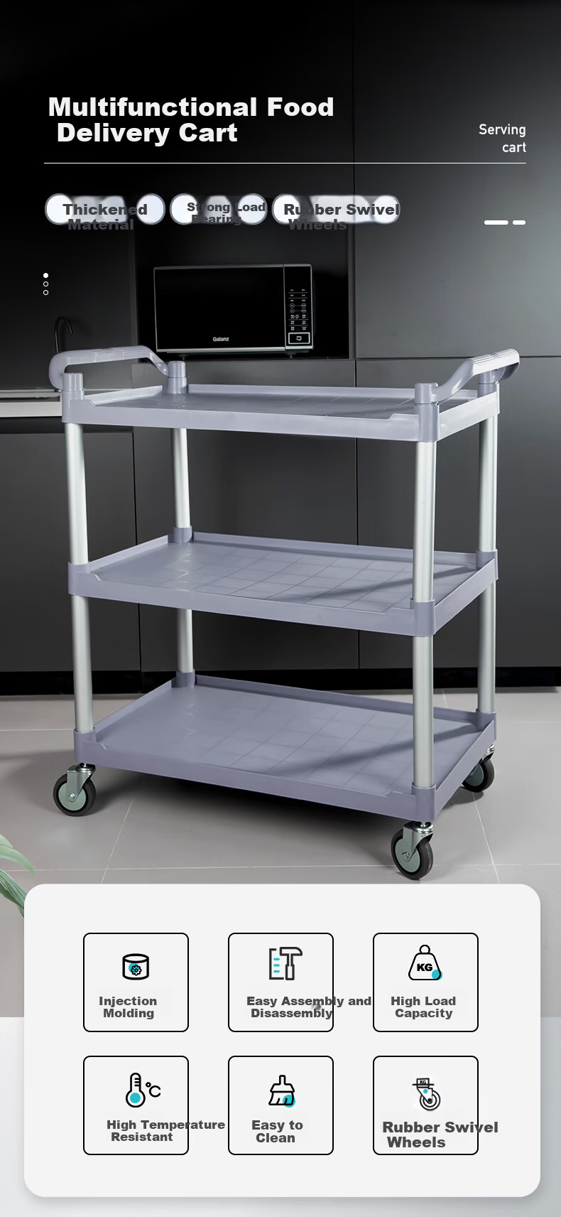 Temeiju 3-Tier Mobile Serving Cart Large Dining Cart Commercial Kitchen Restaurant Utility Trolley 2