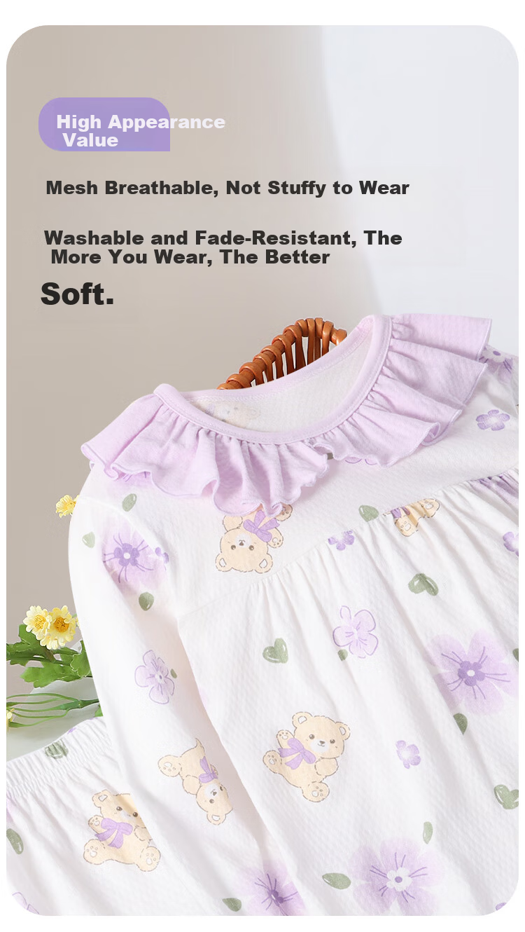DEESHA [100% Pure Cotton Class A] Children's Pajamas Spring And Summer Lightweight Girls' Loungewear Baby Air Conditioning Suit Set 4