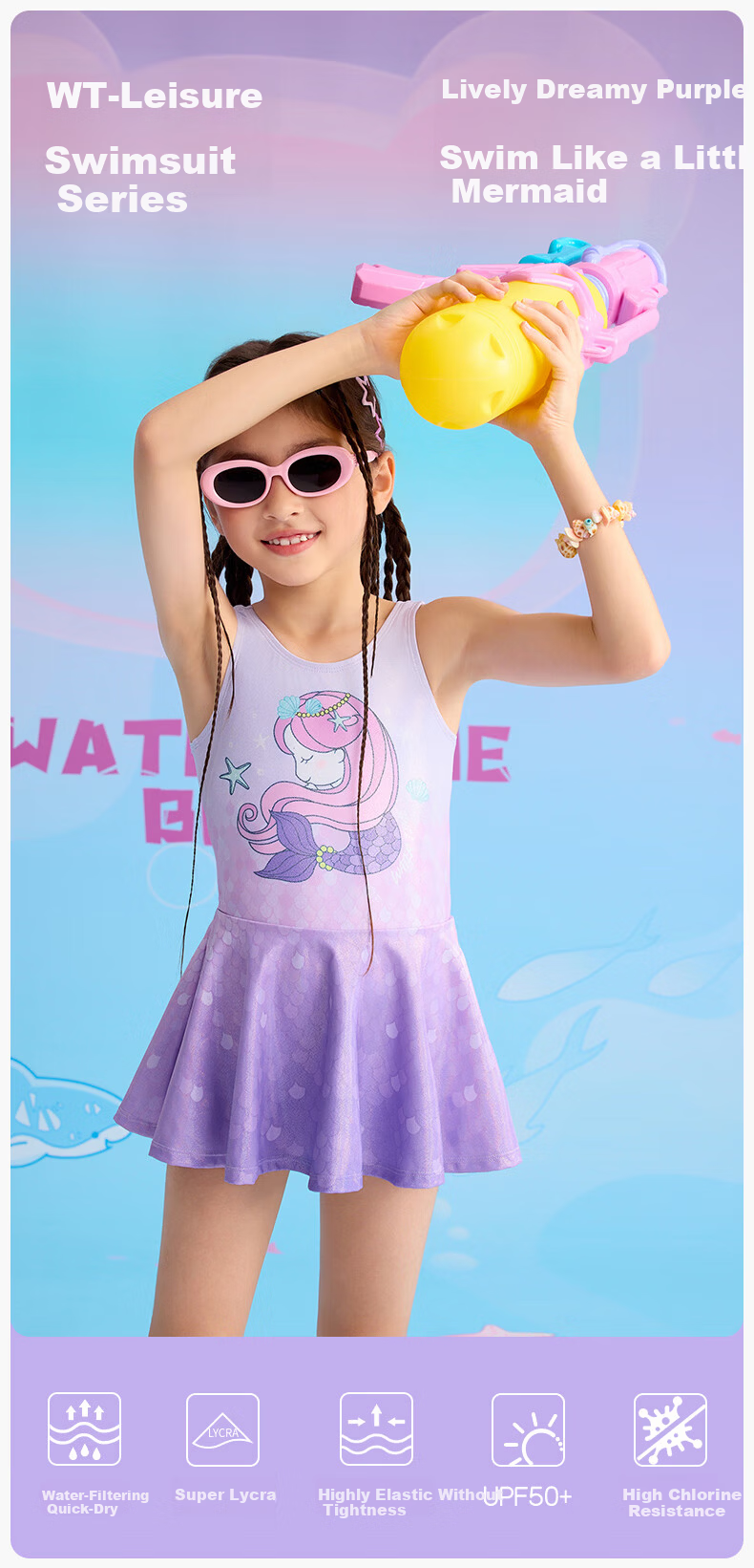 WATERTIME / Shuichuan Girls' Swimsuit 2025 New Kids' One-Piece Princess Skirt Swimwear UV Protection for Spa and Large Children 2
