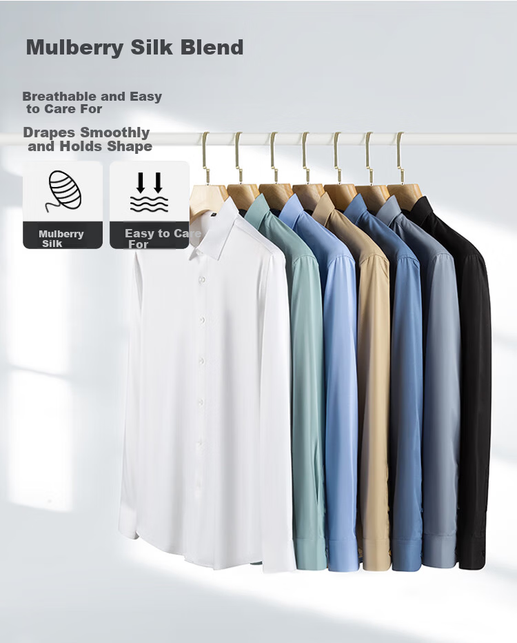 ROMON Men's White Long Sleeve Business Casual Work Shirt [Silk + Modal, Wrinkle-Free], Size 40 5