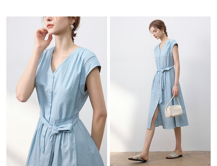 Demana [With Linen Cotton] Summer Commuter Style Lace Splice Cap Sleeve V-Neck Waist Cinched A-Line Mid-Length Dress for Women 5