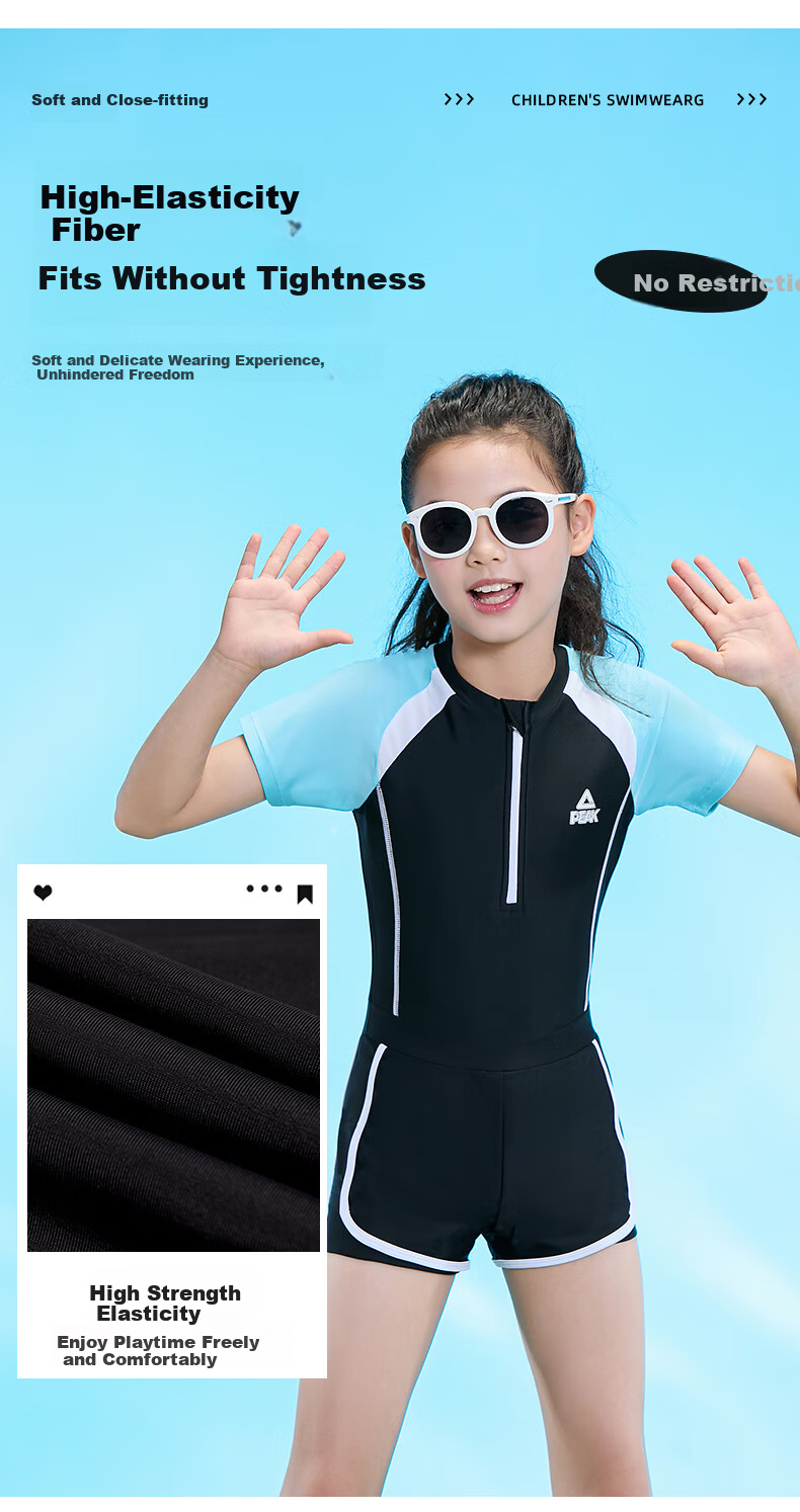 PEAK Kids Girls Colorblock Short Sleeve One-Piece Square Leg Conservative Casual Swimsuit Black Size 130 6
