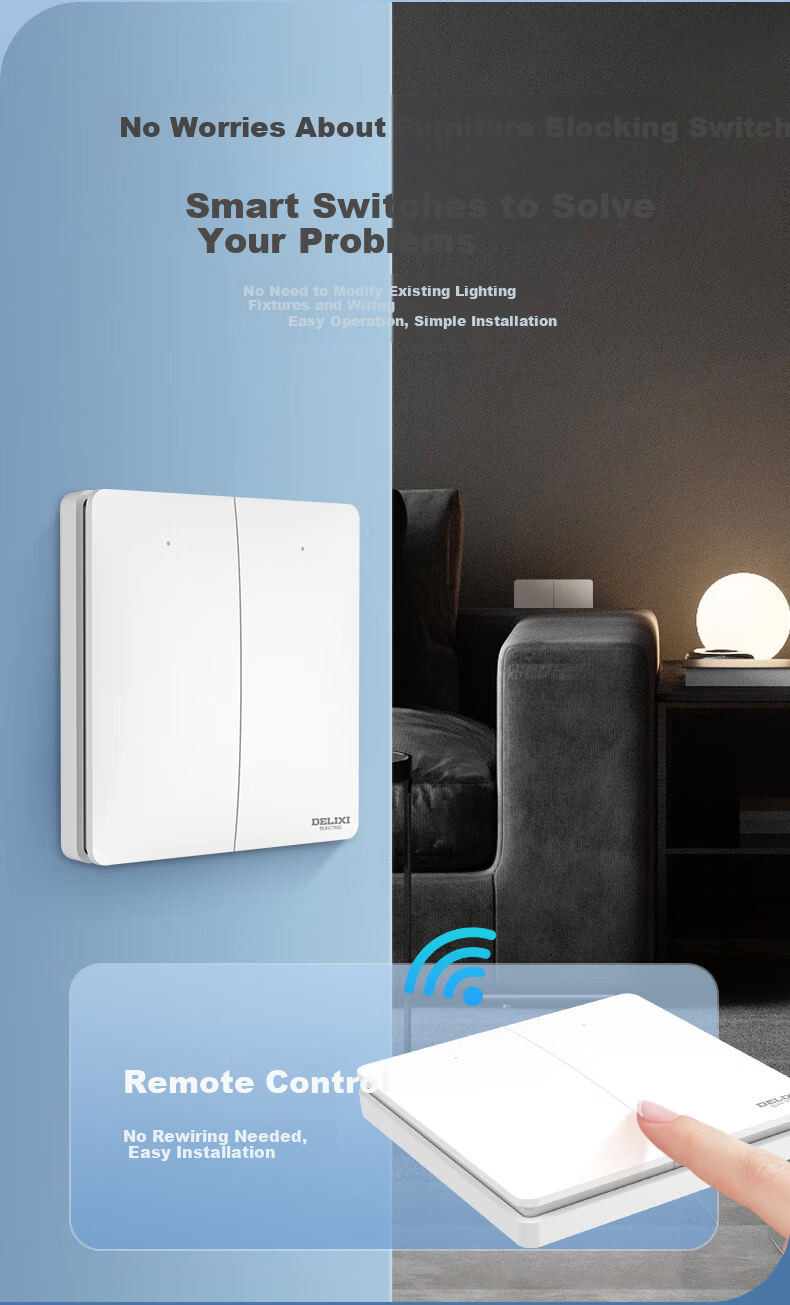 DELIXI Wireless Switch Panel Remote Control Switch Smart Switch Wireless Three-Gang Double Control Kit 5