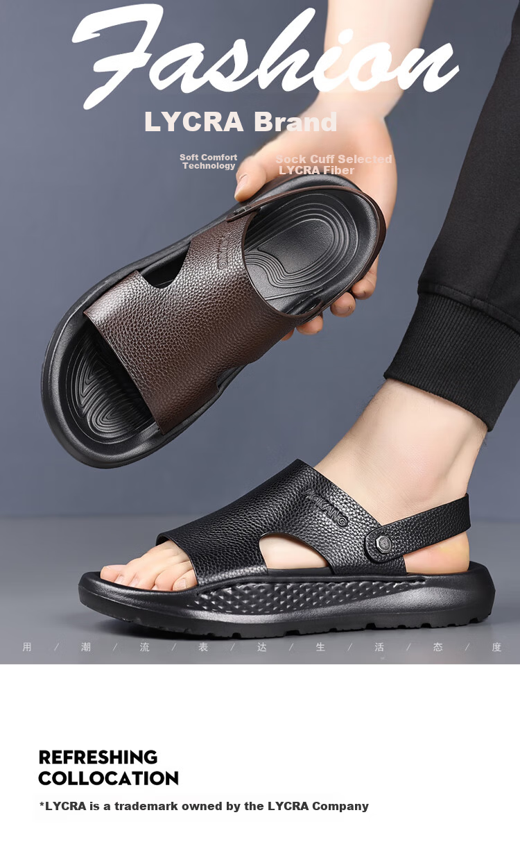 Aokang Summer New Thick-Soled Sandals, Cowhide Soft Sole Casual Beach Shoes Slippers, Brown, Size 44 5