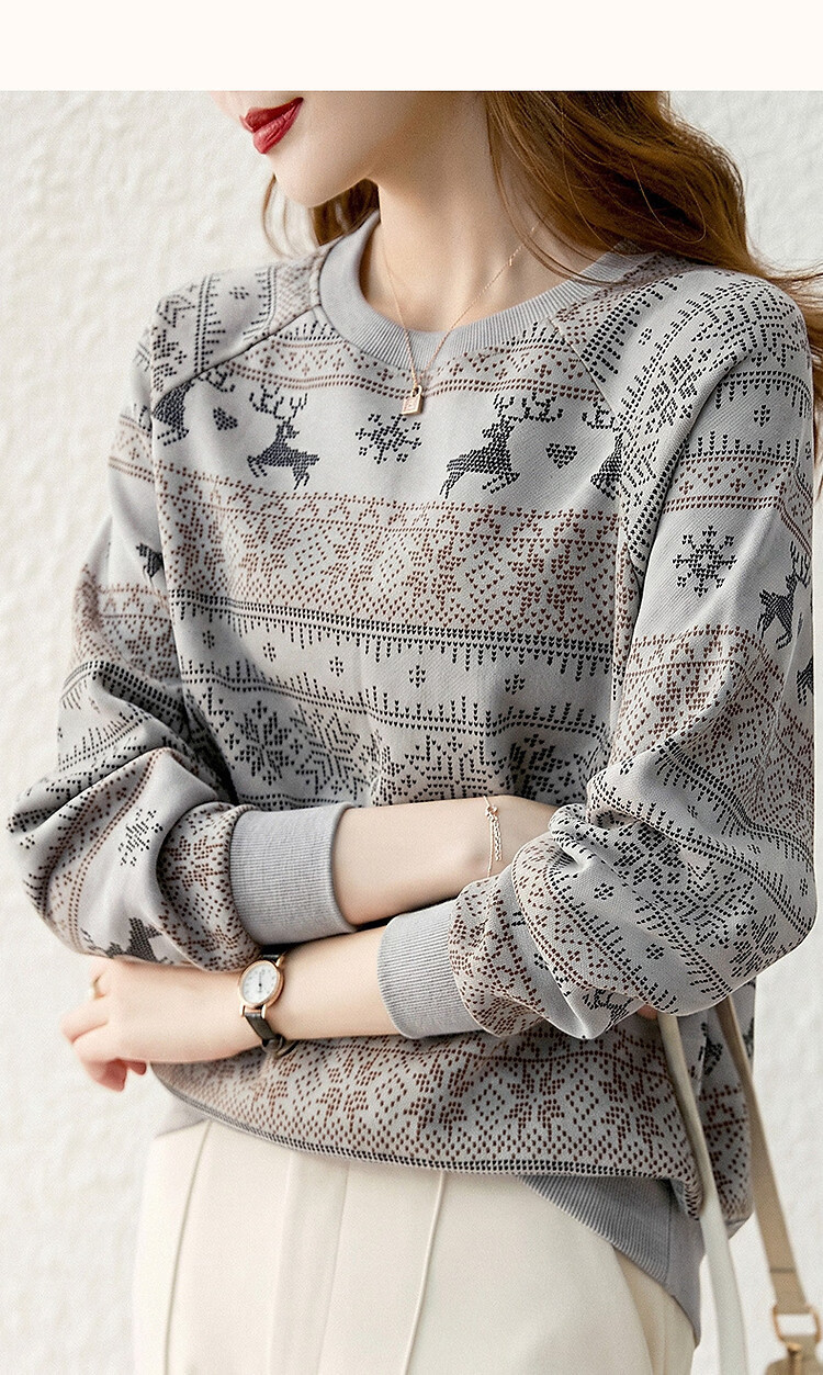 Demana [Forest Fawn] Lightweight Oxygen Cloud Cotton Ribbed Crewneck Printed Stretchy Long Sleeve Sweatshirt for Women 15