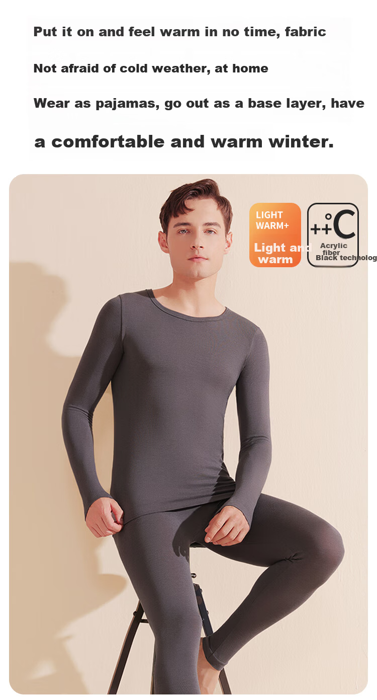 LangSha Men's Acrylic Thermal Seamless Round Neck Breathable Thin Warm Base Layer Set 2