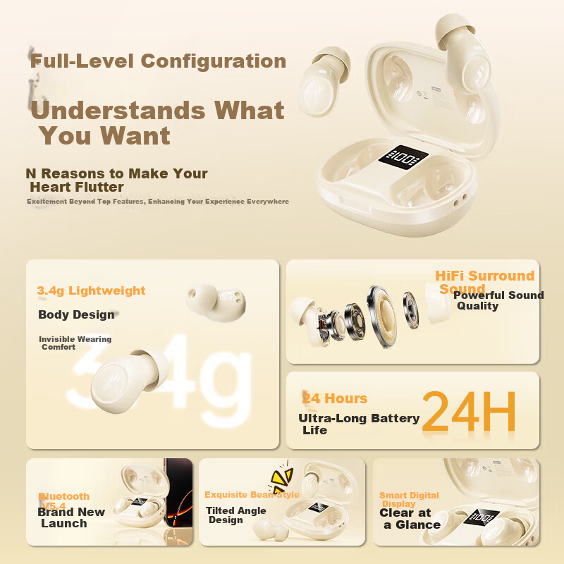 Lenovo Bluetooth Bean-Style In-Ear True Wireless Sleep Noise-Cancelling Earphones 2026 New Hot Model Ultra-Long Battery Life Gaming HD Sound Music Earphones EA289 Moon Rock White
