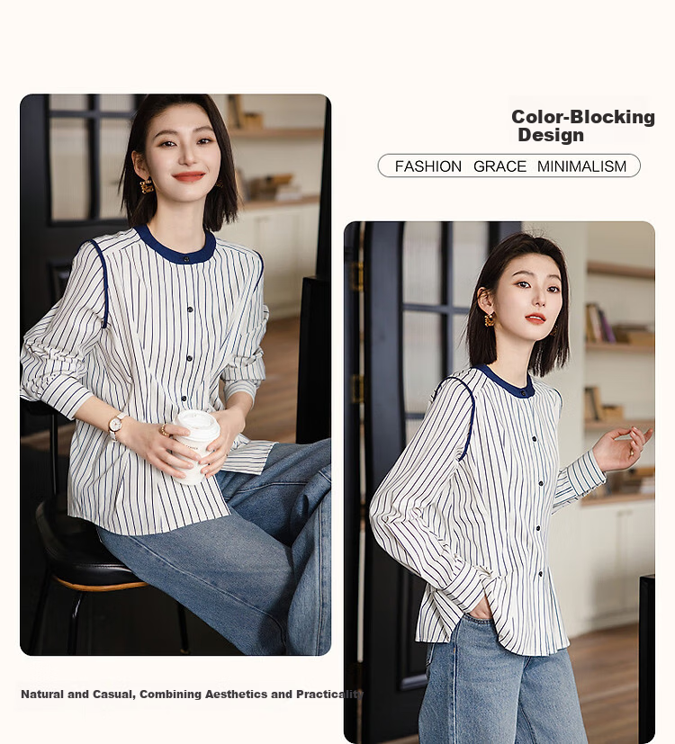 Demana Casual Wealthy Style Spring Japanese Cloud Cotton Vintage Striped Colorblock Shirt Women's Top 4