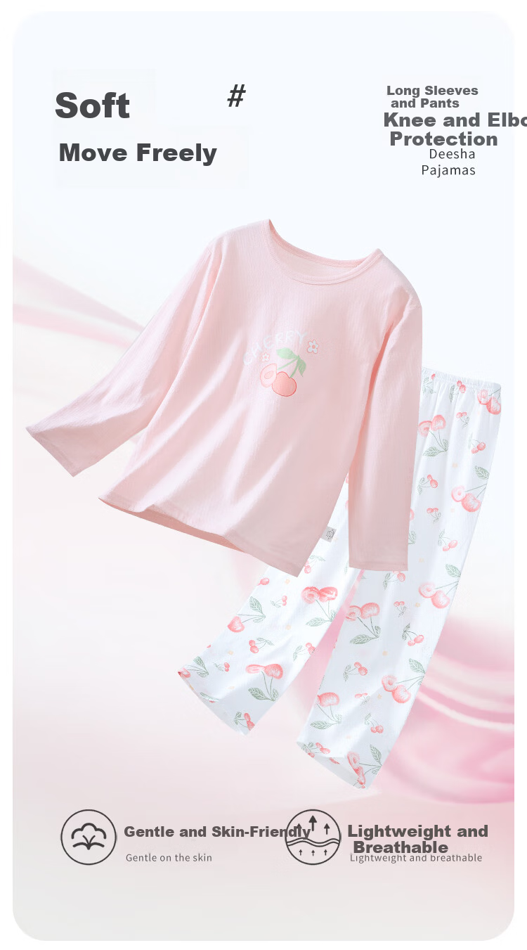 DEESHA [100% Pure Cotton] Children's Pajamas for Girls, Spring And Summer Thin Home Wear, Long-Sleeve Air Conditioning Suit Set 2