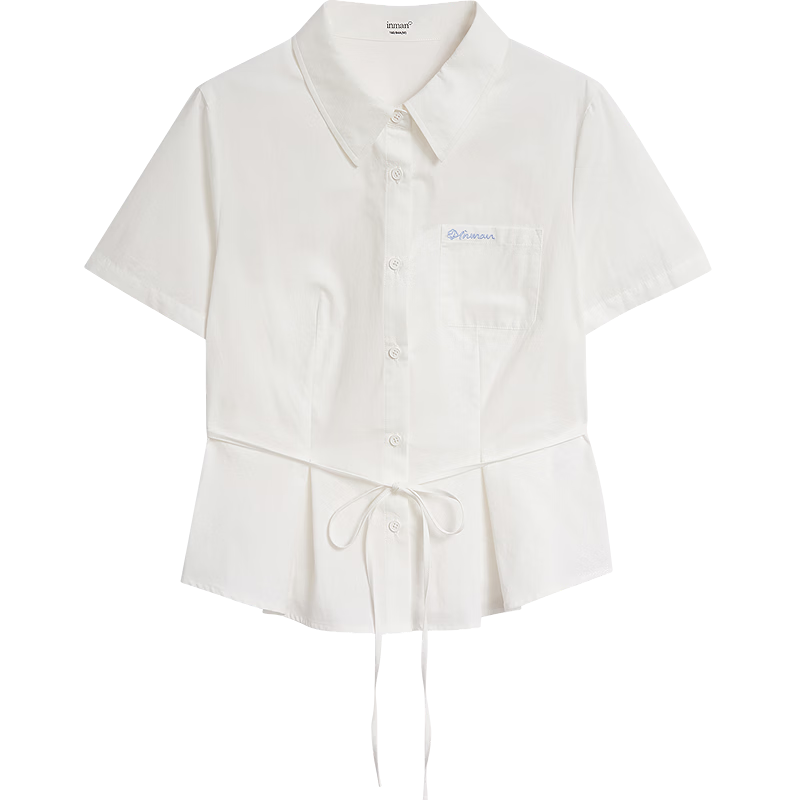 INMAN 100% Xinjiang Cotton Simple Tie-Waist Short Sleeve Shirt 2026 Summer New Embroidered Top White S
