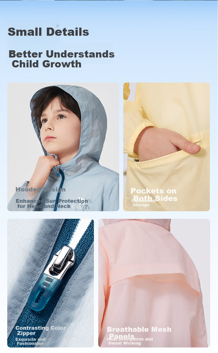 CAMEL [Muguang] Children's Sun Protection Clothing, Summer Lightweight Jacket, Cool And Breathable, for Older Children, Skin-Friendly Outerwear, UV-Resistant 5
