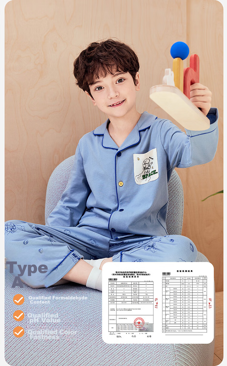 Dingguagua Children's Pajama Set, Spring And Summer Long-Sleeve Pure Cotton Boys' Loungewear, Class A Breathable, Blue, Size 140 8