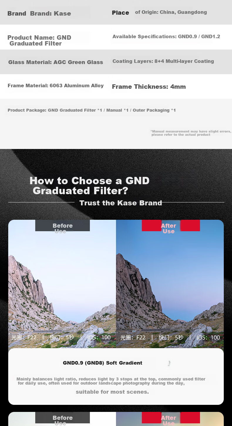 Kase GND0.9 Graduated Neutral Density Filter 40.5mm Soft Grad Gray Glass Multi-Coated Sunrise Sunset Photography Light Balance AGC 2