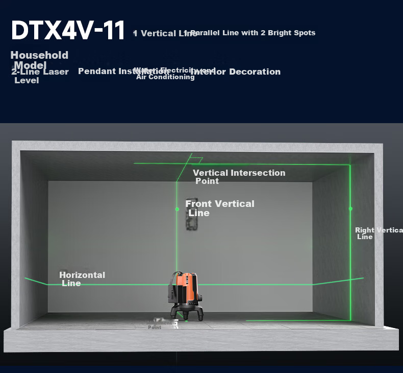 Dongcheng Five-Line Dual-Power Level Green Light High-Precision Strong Red Infrared Laser Level DTX4V-41E2 with 2 Batteries 12