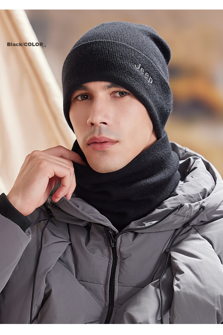 JEEP Men's Autumn Winter Knitted Hat Fleece Lined Warm Neck Warmer Thickened Woolen Beanie Ear Protection Cold Resistant Hat Black 7