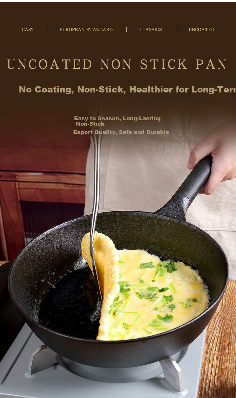 Jiu Zhu Gold Label 26cm Deep Frying Pan Cast Iron Skillet Flat Bottom Non-Coated Non-Stick Gas Stove Induction Cooker Frying Pan 6