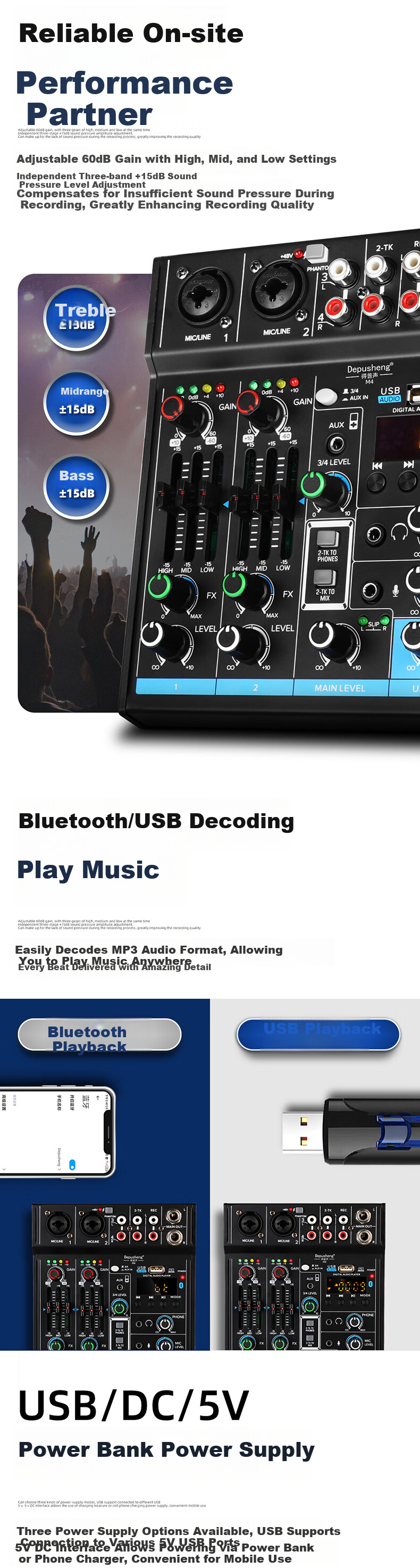 Depusheng Professional 4-Channel Mixer USB Sound Card Bluetooth USB EQ Reverb 7-In 4-Out M4 for Computer Live Streaming Recording Home KTV Singing Video Conference Karaoke 2