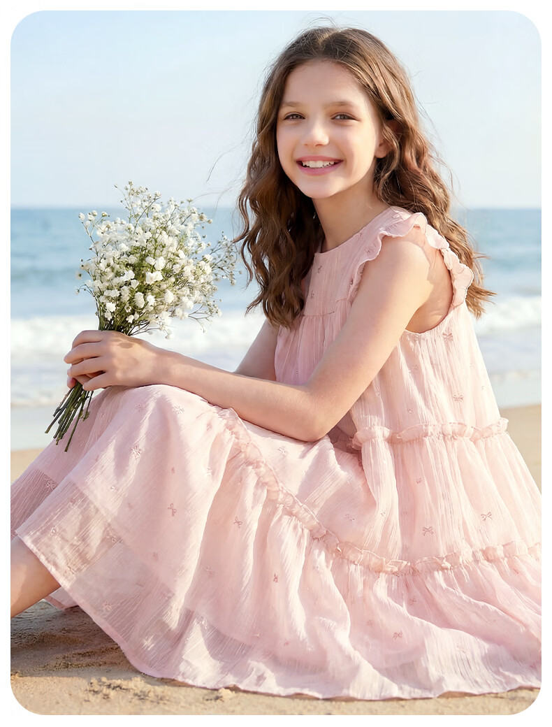 Disney Girls' Tencel Dress Summer Lightweight Princess Cake Dress for Older Children 1A112 Beige 130 16